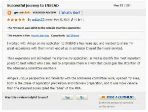GMATclub review of ARINGO MBA admission consulting