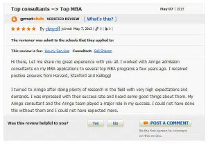 GMATclub review of ARINGO MBA admission consulting