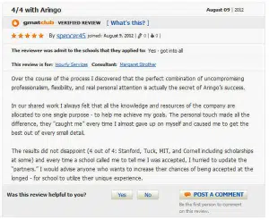 GMATclub review of ARINGO MBA admission consulting