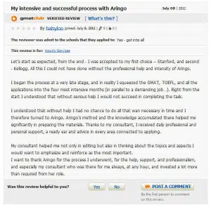 GMATclub review of ARINGO MBA admission consulting