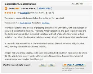 GMATclub review of ARINGO MBA admission consulting