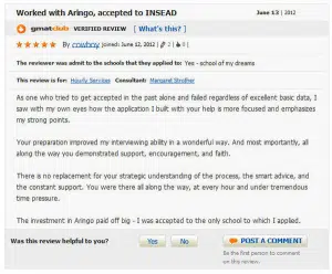 GMATclub review of ARINGO MBA admission consulting